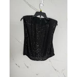 Fate Top Womens Small Black Sequin Blouse Tank Shoulder Pads Cropped